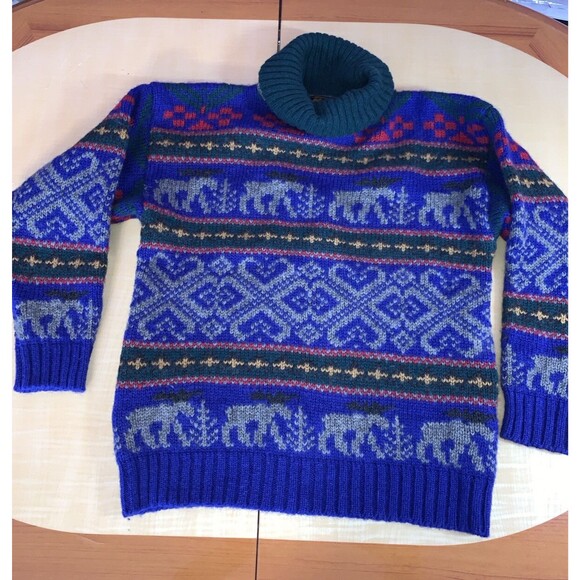 Eddie Bauer Sweater Pullover Vintage Wool turtleneck Deer Animals Geometric Aran - Picture 10 of 16